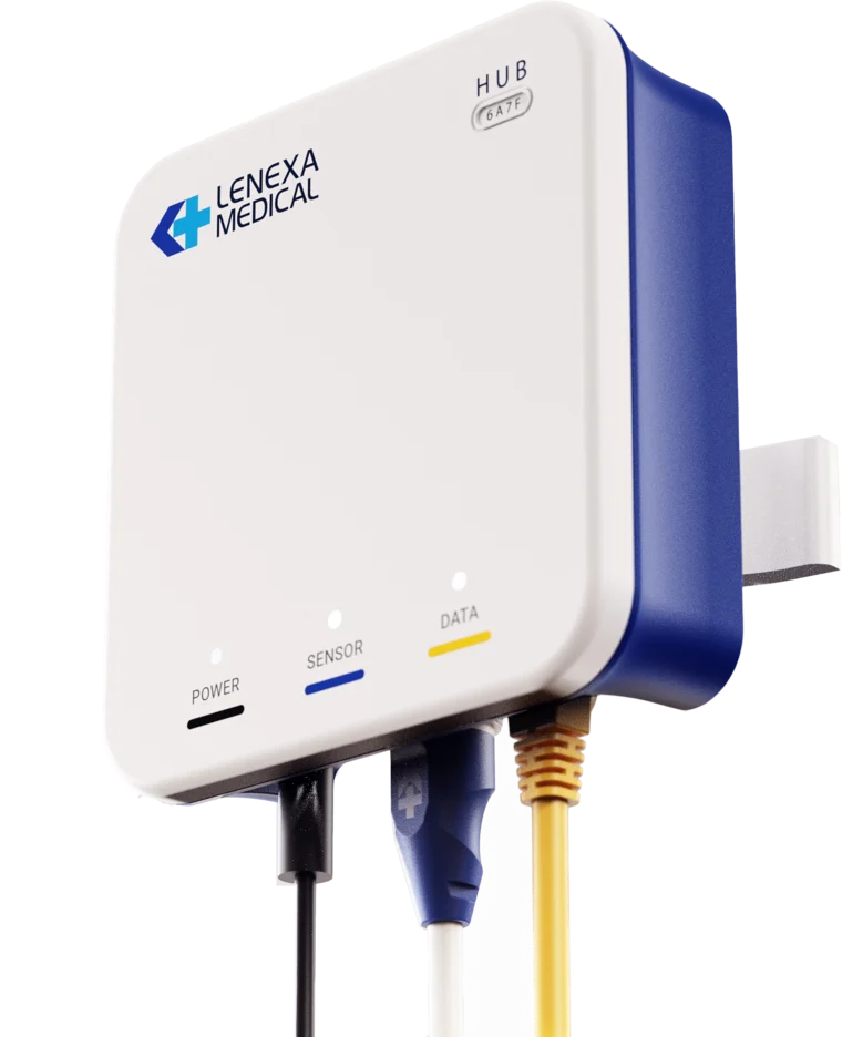 The LenexaCARE Databox: a small white hub with power, sensor and data connections