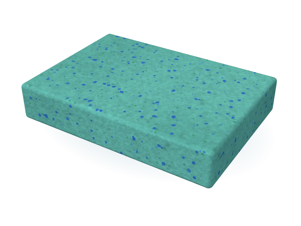 Illustrative render of ThermaAir Blue: aqua foam with blue and green gel particles through it.