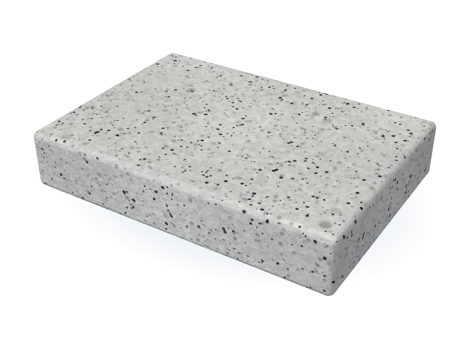 Illustrative render of ThermaAir Light Grey: light grey foam with black gel particles and open pores.